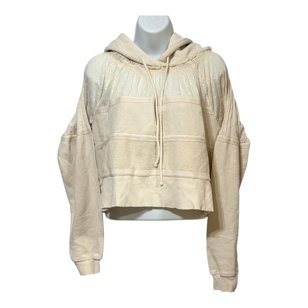 Free People Cream Mixed Media Eyelet Lace Cropped Hoodie‎ Sweatshirt Small